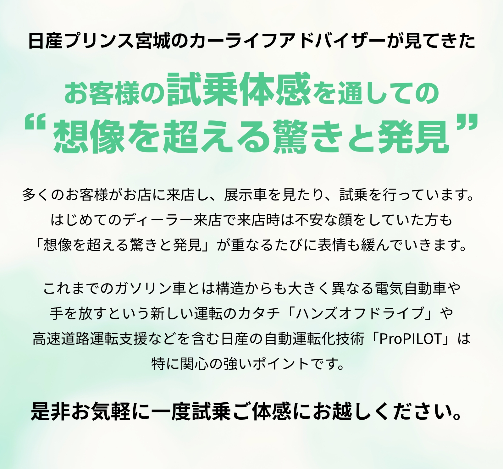日産プリンス宮城販売株式会社 日産プリンス宮城で試乗体感